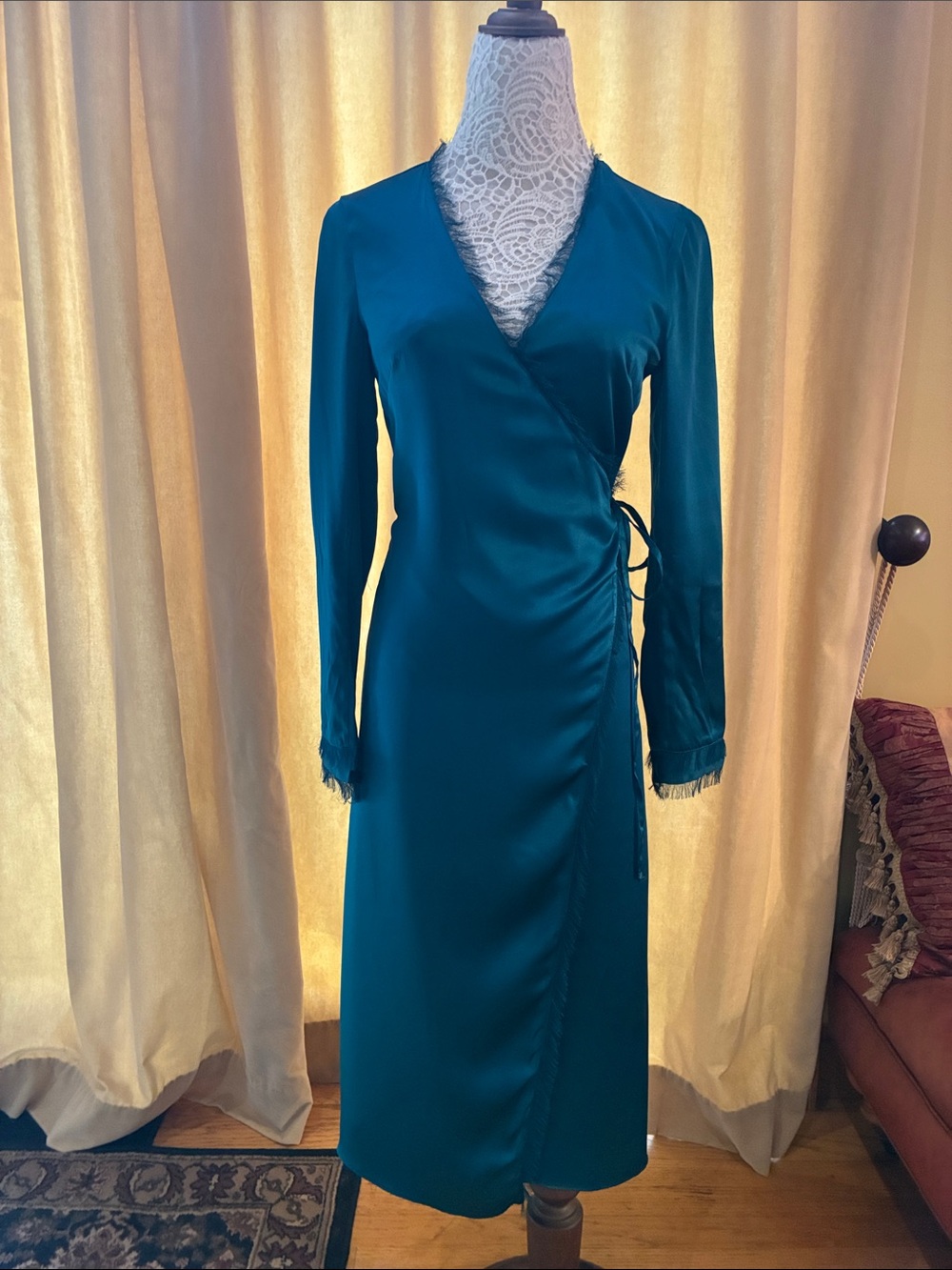 Intermix Teal Wrap Silk Midi Dress with Long Sleeves sz. 0